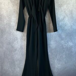 Zara Jumpsuit Womens XS Black Knot Neckline Long Sleeve Low V Neck *See Descrip*